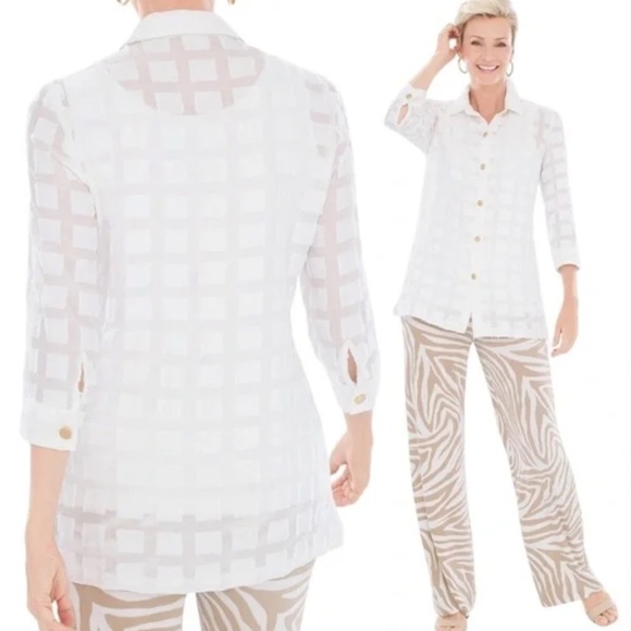 Chicos Travelers White Clipped Geometric Button Front Shirt Jacket SZ Medium - Picture 2 of 10